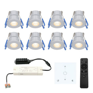 HOFTRONIC 8er Set Milano mini LED Einbaustrahler mit Trafo und Wanddimmer - 12 V 3 W 200 lm - Dimmbar - Flach 34mm - 2700K - IP65 - Aluminium