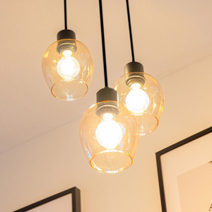 HOFTRONIC Zora - LED Pendelleuchte Glas - Bernstein - 3 Lichtpunkte - E27 - Schwarz - IP20 - Pendelleuchte Glaskugeln