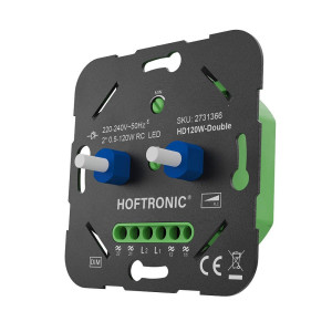 HOFTRONIC Dubbele LED draaidimmer - 2 x 0.5-120W - Fase-afsnijding (trailing edge) - Twee onafhankelijke kanalen - Wisselschakeling - Duo Dimmer