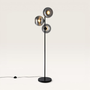 LUSENZ Ciotola - Schwarze Stehlampe Metall 150 cm - Rauchglas - Stehlampe wohnzimmer - Klassisch design - 3 Kuglen - E27 Fassung - Mit Fußschalter