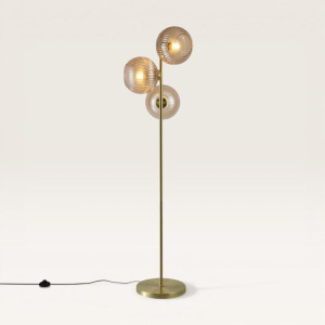 LUSENZ Ciotola - Stehlampe Gold Metall 150 cm - Stehlampe wohnzimmer - Klassisch design - 3 Kugeln - E27 Fassung - Bernsteinfarbenes Glas - Mit