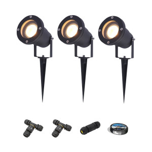 HOFTRONIC 3er Set Sydney LED Gartenstrahler mit Erdspieß - Dimmbar - Schwenkbar - GU10 4 Watt 345 lumen - 2700K warmweiß - IP65 Wasserdicht - Schwarz-
