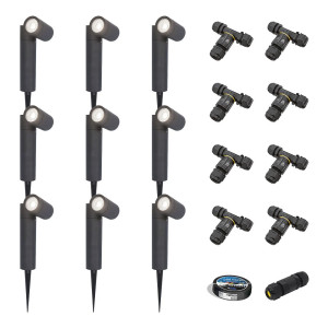 HOFTRONIC 9er Set Pinero LED Gartenstrahler mit Erdspieß - GU10 4W 345lm - Dimmbar - Schwenkbar - 6500K tageslichtweiß - IP64 - Schwarz - Gartenspot -