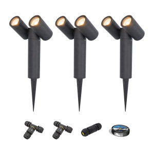 HOFTRONIC Set van 3 Pinero Dubbel LED prikspots - GU10 8W 690lm - Dimbaar - Kantelbaar - 2700K  - IP65 - Zwart - Inclusief installatiemateriaal (Kabel