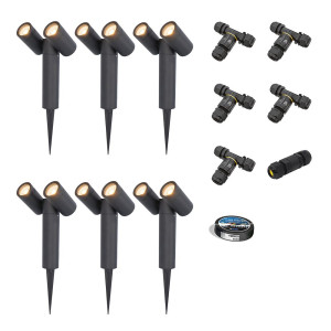 HOFTRONIC 6er Set Pinero Doppel LED Gartenstrahler mit Erdspieß - GU10 8W 690lm - Dimmbar - Schwenkbar - 2700K - IP65 - Schwarz- Gartenspot -