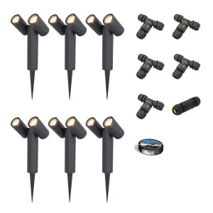 HOFTRONIC Set van 6 Pinero Dubbel LED prikspots - GU10 8W 690lm - Dimbaar - Kantelbaar - GU10 - 4000K - IP64 - Zwart - Inclusief installatiemateriaal