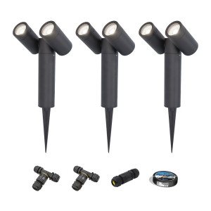 HOFTRONIC 3er Set Pinero Doppel LED Gartenstrahler mit Erdspieß - GU10 8W 690lm - Dimmbar - Schwenkbar - GU10 Fassung - 6500K tageslichtweiß - IP64 -