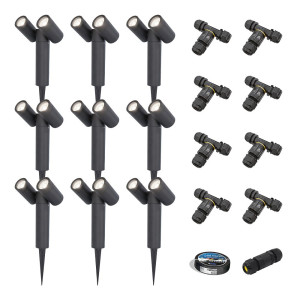 HOFTRONIC 9er Set Pinero Doppel LED Gartenstrahler mit Erdspieß - GU10 8W 690lm - Dimmbar - Schwenkbar - GU10 Fassung - 6500K tageslichtweiß - IP64 -