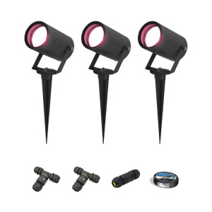 HOFTRONIC SMART 3er Set Spikey Smart Gartenstrahler mit Erdspieß - RGBWWW - Wifi + Bluetooth - 5,5W 400lm - IP65 Wasserdicht - App-Steuerung - Google