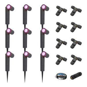 HOFTRONIC SMART 9er Set Pinero - Smart Gartenstrahler mit Erdspieß - IP65 - 5.5W 400lm - RGBWWW - GU10 - Wifi + Bluetooth - IP65 - Google Home, Amazon