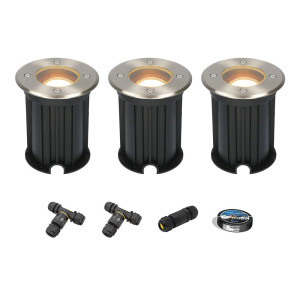 HOFTRONIC Set van 3 Maisy LED Grondspots Rond - Dimbaar - GU10 - 2700K warm wit - 4 Watt 345 lumen - Rond - Ø12cm - Tuinspot - Oprit - RVS - IP67 -