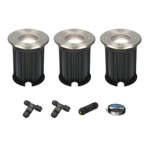 HOFTRONIC 3er Set Maisy LED Bodeneinbaustrahler außen - Ø12cm - Rund - Dimmbar - GU10 Fassung - 2700K Kaltweiß - 4W 345lm - Bodenstrahler - Edelstahl