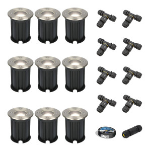 HOFTRONIC 9er Set Maisy LED Bodeneinbaustrahler außen - Ø12cm - Dimmbar - Rund - GU10 Fassung - 4 Watt 345 Lumen - 6500K tageslichtweiß - Edelstahl -