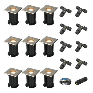 HOFTRONIC Set van 9 Ramsay LED Grondspot - Dimbaar - Vierkant - GU10 - 4W 345lm - 2700K warm wit - RVS - IP67 waterdicht - Tuinspot - Oprit -
