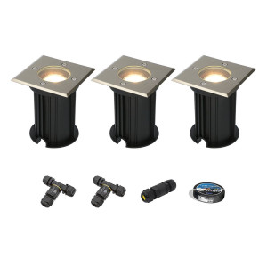HOFTRONIC 3er Set Ramsay LED Bodeneinbaustrahler außen - Dimmbar - Eckig - GU10 Fassung - 4W 345lm - 4000K neutralweiß - Edelstahl - IP67 wasserdicht