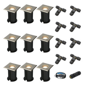 HOFTRONIC 9er Set Ramsay LED Bodeneinbaustrahler außen - Dimmbar - Eckig - GU10 Fassung - 4W 345lm - 4000K neutralweiß - Edelstahl - IP67 wasserdicht