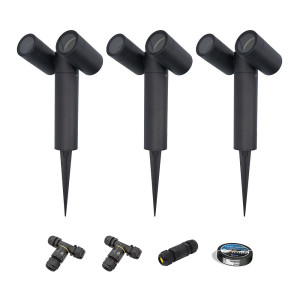 HOFTRONIC Set van 3 Pinero Dubbel LED prikspot - Kantelbaar - Dimbaar - GU10 - IP65 waterdicht - Zwart - Tuinspot - Pinspot - Inclusief