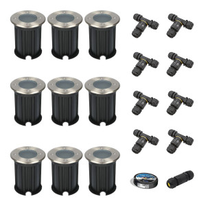 HOFTRONIC 9er Set Maisy LED Bodeneinbaustrahler außen - Ø12cm - Rund - Edelstahl - GU10 Fassung - IP67 wasserdicht - Bodenstrahler - Einfahrt -