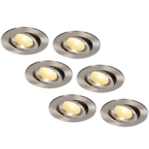HOFTRONIC Set van 6 Salerno LED inbouwspots - 8W 650 lumen - 2700K warm wit - Dimbaar - Rond - Kantelbaar - IP44 waterdicht - RVS - Voor binnen,