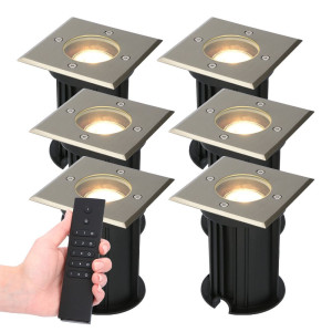 HOFTRONIC Set van 6 Ramsay LED Grondspots vierkant buiten - Dimbaar - GU10 - 2700K warm wit - 4 Watt 345 lumen - Tuinspot - RVS - IP67 waterdicht -
