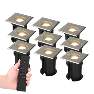 HOFTRONIC 9er Set Ramsay LED Bodeneinbaustrahler außen - Eckig - Dimmbar - GU10 - 2700K warmweiß - 4W 345lm - Bodenstrahler - Edelstahl - IP67