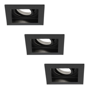 HOFTRONIC Set van 3 Durham vierkante LED inbouwspots - 4 Watt 345 Lumen - 6500K daglicht wit - GU10 - Dimbaar Kantelbaar - Voor binnen - Zwart