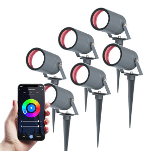 HOFTRONIC SMART Set van 6 Spikey Smart prikspots - RGBWW - Wifi + Bluetooth - 5,5 Watt 345 lumen - IP65 Waterdicht - Bestuurbaar via app - Google