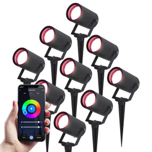 HOFTRONIC SMART 9er Set Spikey Smart Gartenstrahler mit Erdspieß - RGBWWW - Wifi + Bluetooth - 5,5W 345lm - IP65 Wasserdicht - App-Steuerung - Google