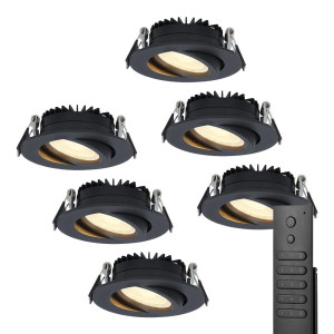 HOFTRONIC 6x LED Einbaustrahler Rome - Schwarz - 6W 500 lumen - Schwenkbar - Dimmbar - 2700K warmweiß - IP44 Wasserdicht - Inklusive Fernbedienung -