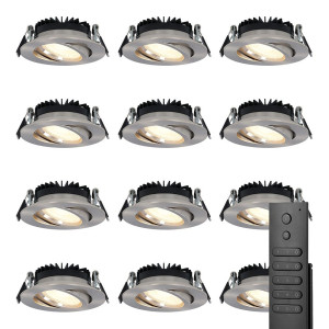 HOFTRONIC 12x LED inbouwspots Rome - RVS - 6 Watt 500 lumen - Kantelbaar - Dimbaar - 2700K warm wit - IP44 Waterdicht - Inclusief afstandsbediening -