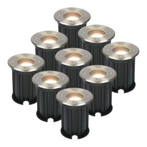 HOFTRONIC Set van 9 Maisy LED Grondspots Rond - Dimbaar - GU10 - 2700K warm wit - 4 Watt 345 lumen - Rond - Ø12cm - Tuinspot - Oprit - RVS - IP67