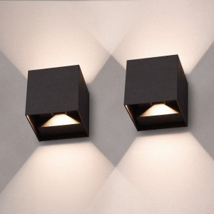 HOFTRONIC Set van 2 Kansas LED Wandlampen Kubus - 7 Watt 720lm - 3000K Warm Wit - IP65 Waterdicht - Up & Down Light - Modern - Zwart