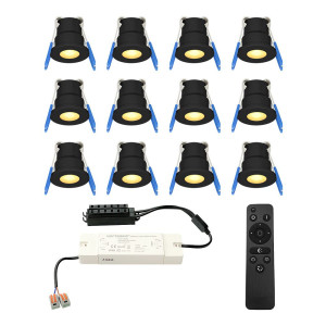 HOFTRONIC Set van 12 Milano LED Mini Inbouwspots met trafo - 12 Volt 3 Watt 200 lumen - Dimbaar - Plat 34mm - 2700K - IP65 waterdicht - Zwart -