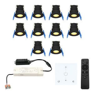 HOFTRONIC 10er Set Milano LED Mini Einbaustrahler mit Trafo und Wanddimmer - 12 Volt 3 Watt 200 Lumen - Dimmbar - Flach 34mm - 2700K - IP65