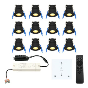 HOFTRONIC 12er Set Milano LED Mini Einbaustrahler mit Trafo und Wanddimmer - 12 Volt 3 Watt 200 Lumen - Dimmbar - Flach 34mm - 2700K - IP65