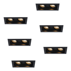 HOFTRONIC Set van 6 Durham LED Dubbele inbouwspots vierkant - 8 watt 690 lumen - 2700K Warm wit - GU10 - Dimbaar Kantelbaar - Voor binnen - Zwart