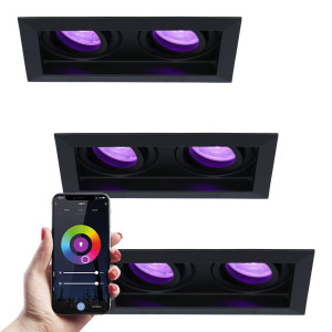 HOFTRONIC SMART Set van 3 Durham Dubbel smart inbouwspots vierkant - Wifi + Bluetooth - RGBWW - GU10 11 Watt 670 Lumen - Kantelbaar - Google Home,