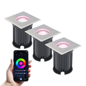 V-TAC 3er Set Smart Bodeneinbaustrahler außen - Quadratisch - 5,5W 345lm - RGBWW - Wifi + Bluetooth - Steuerbar über App - IP65 - Google Home, Amazon