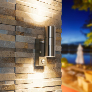 HOFTRONIC Set van 6 Wandlampen Jasmin - RVS - 4000K neutraal wit - 8 Watt 690 Lumen - Bewegingssensor en schemeringschakelaar - IP44 waterdicht - Up