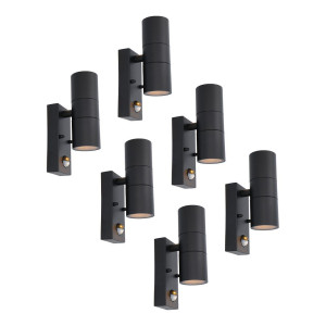 HOFTRONIC Set van 6 Blenda Wandlamp Zwart - 2700K Warm Wit - 8 watt 690 lumen - Bewegingssensor en Schemerschakelaar - IP44 Waterdicht - Up &