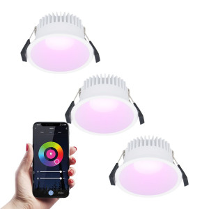 HOFTRONIC SMART 3er Set Finn Smart Einbaustrahler - IP44 wasserdicht - 10W 630lm - Wifi + Bluetooth - RGBWW - Google Home, Amazon Alexa und Siri -