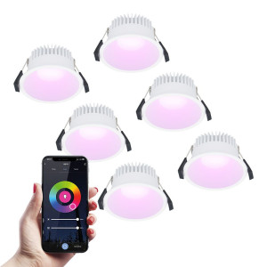 HOFTRONIC SMART 6er Set Smart Einbaustrahler Finn - IP44 wasserdicht - 10W 630lm - Wifi + Bluetooth - RGBWW - Google Home, Amazon Alexa und Siri -