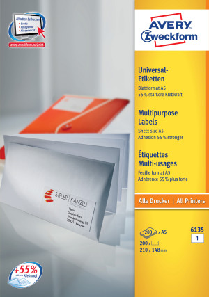 Avery 6135 Etiketter A5   210x148 Mm   200 Stk.