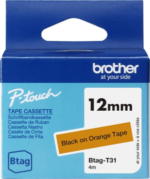 Brother Btag-T31 Labeltape, 12mm, Sort På Orange