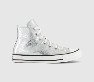 Converse Womens All Star Hi Trainers Metallic Silver Vintage White Black Multi, 8.5