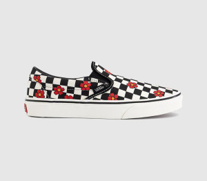 Vans Womens Classic Slip On Trainers Black White Checkboard Flower, 6.5