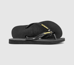 Havaianas Womens Slim Metal Crystal Logo Flip Flops Black Rubber, 3/4