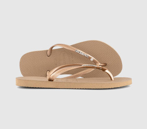 Havaianas Womens Slim Metal Crystal Logo Flip Flops in Rose Gold, 8