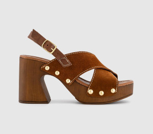 OFFICE Womens Miley Cross Over Wood Effect Heeled Sandals Tan Suede, 5