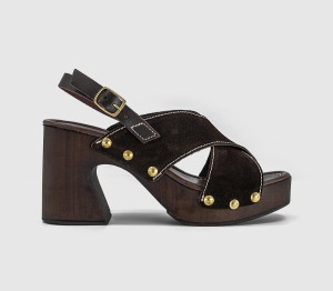 OFFICE Womens Miley Cross Over Wood Effect Heeled Sandals Chocolate Suede Brown, 7